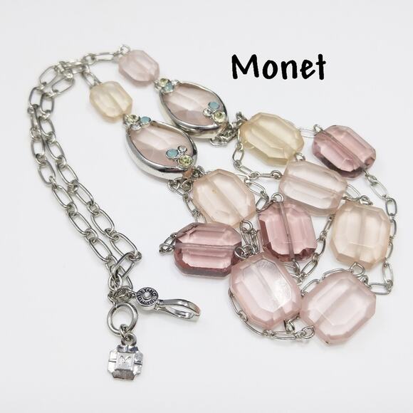 Monet Pink & Silver Multi Strand Beaded Necklace, 21 Inches - Picture 1 of 8
